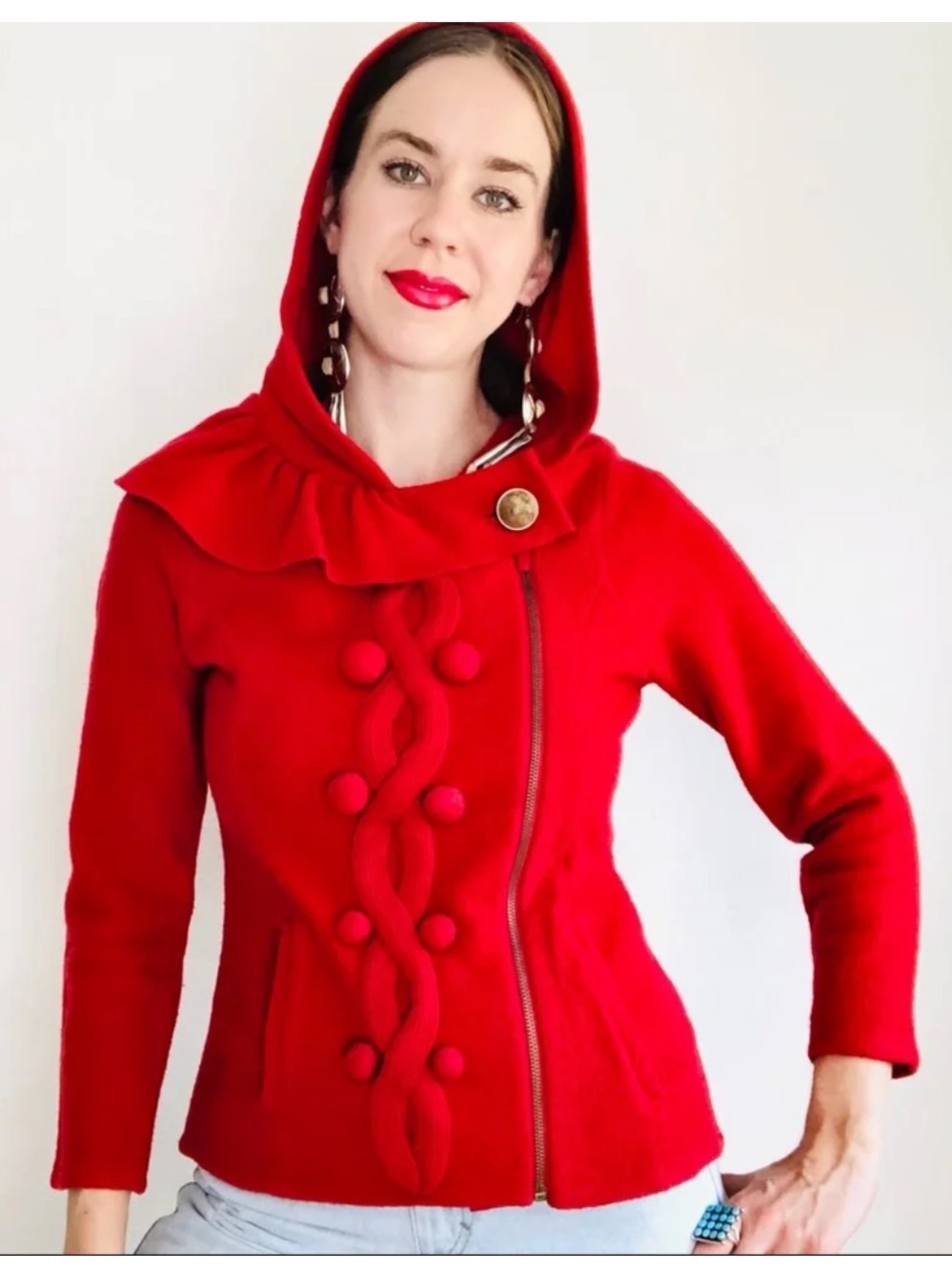 NWT Yellow Bird Anthropologie Felted 100% Wool Ruffle Hooded Zip Jacket Red L